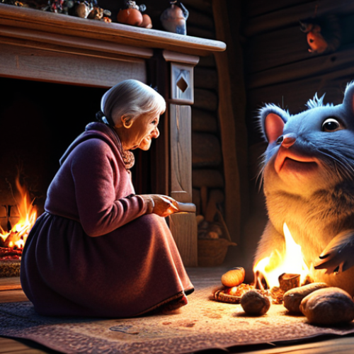 Home 4 A cozy scene of a grandmother telling Russian fairy tales (*skazki*) by the fireplace, with fairytale creatures subtly emerging from the shadows. Emphasis on warmth and a sense of wonder.