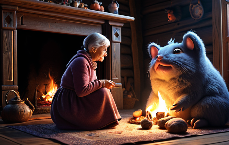 A cozy scene of a grandmother telling Russian fairy tales (*skazki*) by the fireplace, with fairytale creatures subtly emerging from the shadows. Emphasis on warmth and a sense of wonder.