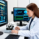 A focused professional biomedical researcher, wearing a pristine lab coat and professional dress, diligently working in a state-of-the-art biotechnology laboratory. The lab features advanced scientific equipment, illuminated screens displaying complex data, and meticulously organized research samples. The atmosphere is one of serious scientific inquiry and innovation. The image should convey precision and expertise, with perfect anatomy, correct proportions, and a natural pose. Well-formed hands are visible as they interact with instruments. This is a high-quality, professional photograph, suitable for work, appropriate content, fully clothed, and family-friendly.