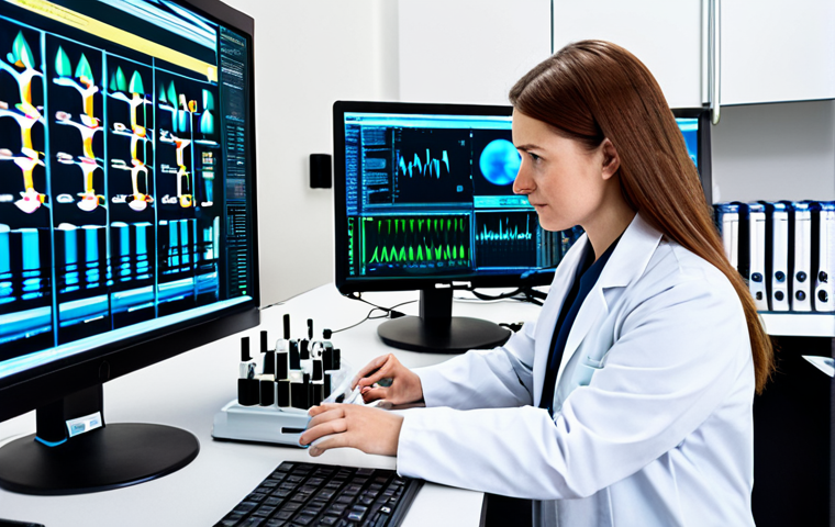 A focused professional biomedical researcher, wearing a pristine lab coat and professional dress, diligently working in a state-of-the-art biotechnology laboratory. The lab features advanced scientific equipment, illuminated screens displaying complex data, and meticulously organized research samples. The atmosphere is one of serious scientific inquiry and innovation. The image should convey precision and expertise, with perfect anatomy, correct proportions, and a natural pose. Well-formed hands are visible as they interact with instruments. This is a high-quality, professional photograph, suitable for work, appropriate content, fully clothed, and family-friendly.