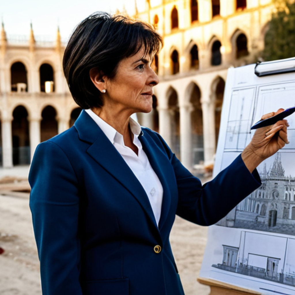 **

A professional architect, a mature woman with short dark hair, wearing a stylish but modest business suit in a light beige color, is reviewing blueprints on a construction site in Seville, Spain. In the background, you can see the Giralda.  The scene is bathed in the warm light of the late afternoon sun. The architect holds a pen and points to a specific detail on the plan. She has a confident and thoughtful expression. Fully clothed, appropriate attire, safe for work, perfect anatomy, natural proportions, professional photography, high quality.

**