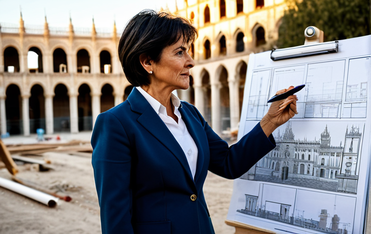 **
A professional architect, a mature woman with short dark hair, wearing a stylish but modest business suit in a light beige color, is reviewing blueprints on a construction site in Seville, Spain. In the background, you can see the Giralda. The scene is bathed in the warm light of the late afternoon sun. The architect holds a pen and points to a specific detail on the plan. She has a confident and thoughtful expression. Fully clothed, appropriate attire, safe for work, perfect anatomy, natural proportions, professional photography, high quality.
**