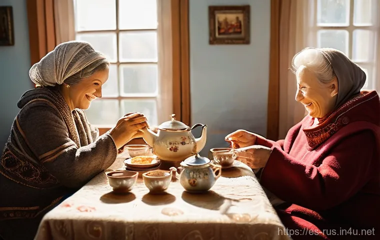 러시아어 문화 이해 - **Prompt:** A heartwarming scene of Russian hospitality during a traditional tea ceremony inside a c...