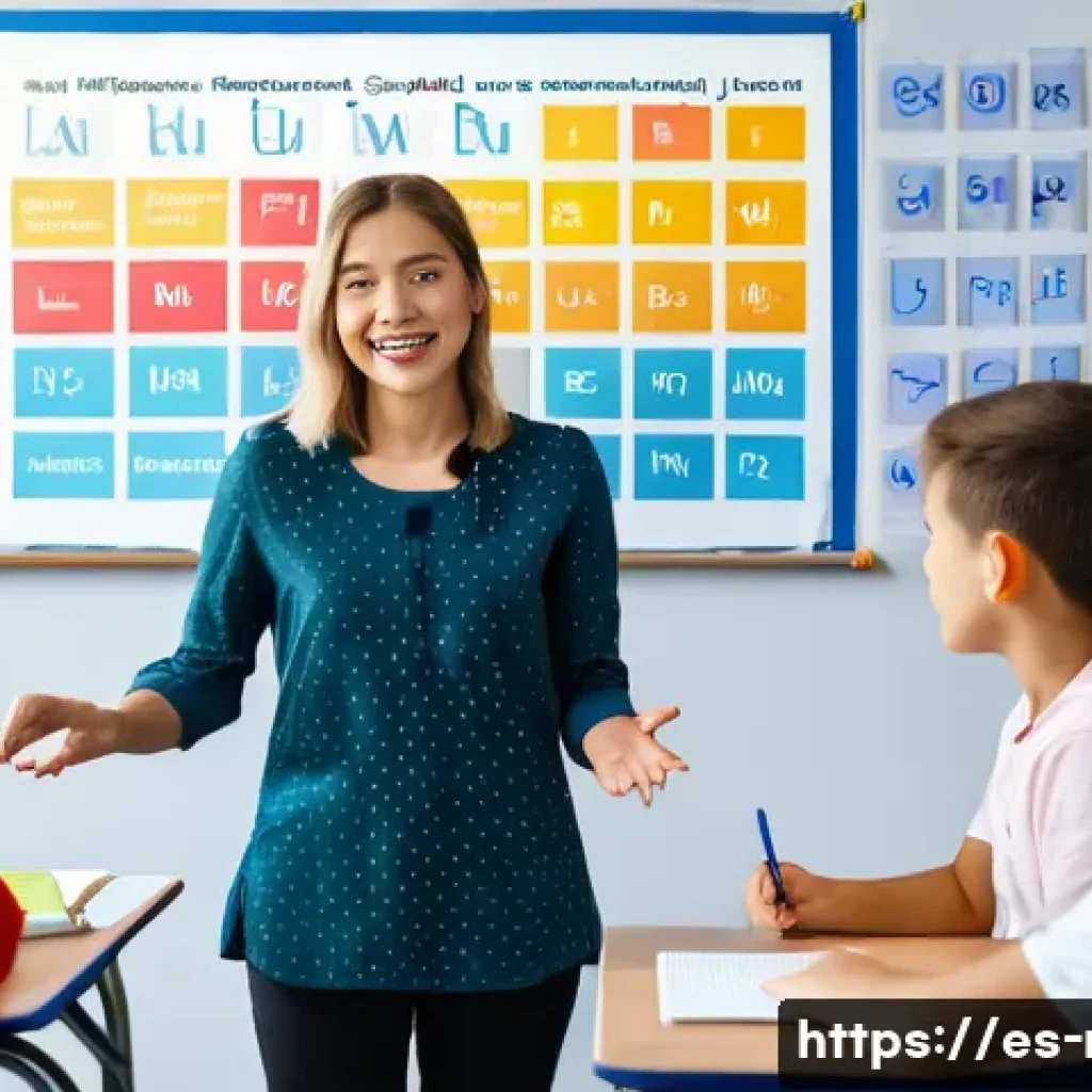 러시아어 문법 쉽게 배우기 - A vibrant classroom scene with a diverse group of young Spanish-speaking students learning the Russi...