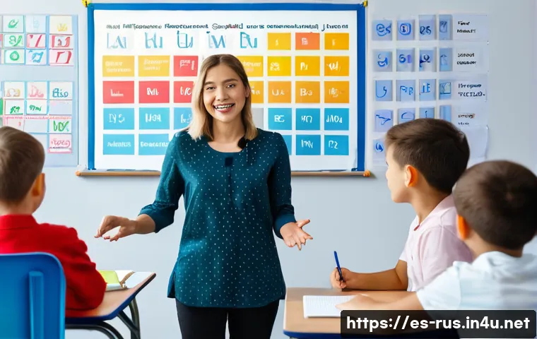 러시아어 문법 쉽게 배우기 - A vibrant classroom scene with a diverse group of young Spanish-speaking students learning the Russi...