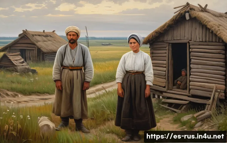 러시아어와 러시아 예술 - A detailed 19th-century Russian realist painting scene featuring everyday life in a rural village: p...
