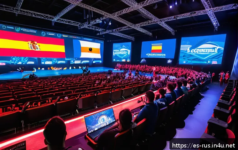 러시아어와 러시아 e스포츠 - A vibrant esports arena in Spain filled with diverse players and enthusiastic fans, featuring large ...