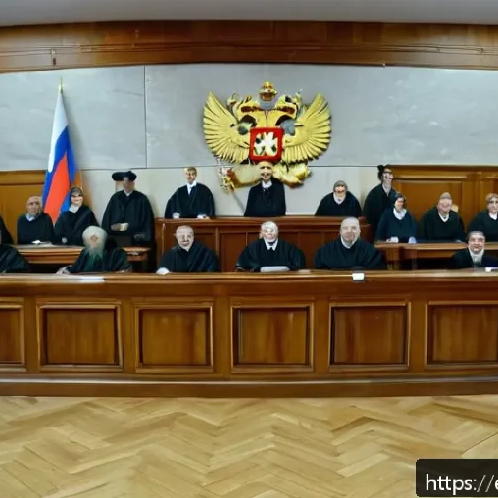 러시아어와 러시아 법률 용어 - A detailed courtroom scene inside a modern Russian judicial building, showing judges in traditional ...