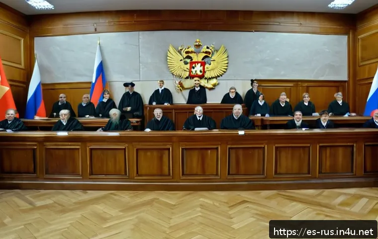 러시아어와 러시아 법률 용어 - A detailed courtroom scene inside a modern Russian judicial building, showing judges in traditional ...