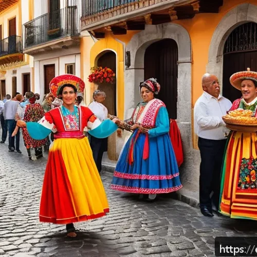 러시아어와 러시아 역사 - A vibrant street scene in a traditional Spanish town during a cultural festival, featuring people dr...