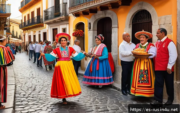 러시아어와 러시아 역사 - A vibrant street scene in a traditional Spanish town during a cultural festival, featuring people dr...