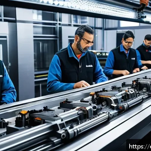 러시아어와 러시아 기계공학 - A futuristic advanced mechanical workshop scene showing engineers working with state-of-the-art mach...