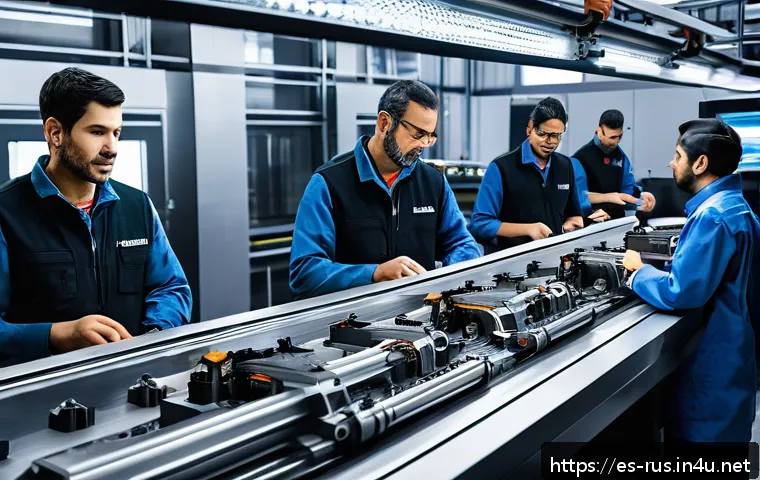 러시아어와 러시아 기계공학 - A futuristic advanced mechanical workshop scene showing engineers working with state-of-the-art mach...