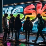 러시아어와 러시아 현대문화 - A vibrant urban street scene in Moscow at night, featuring young people socializing and enjoying nig...