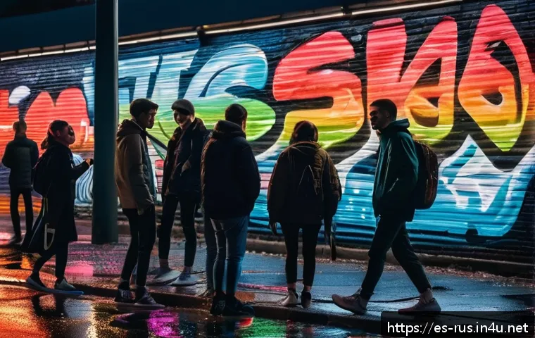 러시아어와 러시아 현대문화 - A vibrant urban street scene in Moscow at night, featuring young people socializing and enjoying nig...