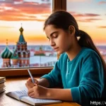 러시아어 어순 - A cozy study room scene featuring a young Spanish-speaking student sitting at a wooden desk covered ...