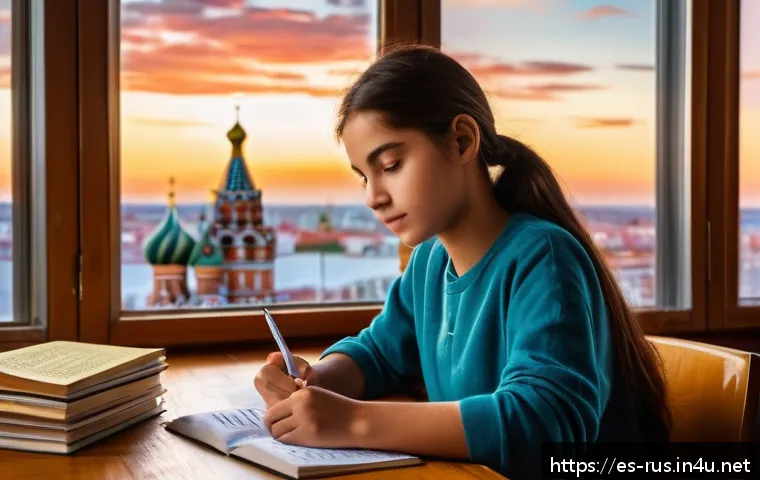 러시아어 어순 - A cozy study room scene featuring a young Spanish-speaking student sitting at a wooden desk covered ...