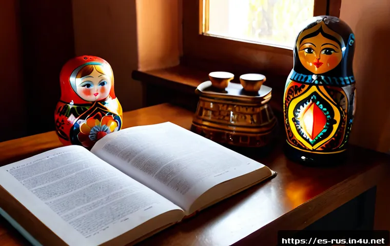 러시아어와 러시아 민속 - Photorealistic warm study scene in a Spanish home, an adult Spanish language learner practicing Russ...