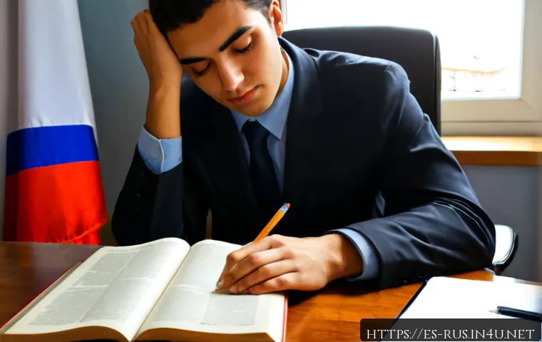 러시아어와 러시아 정치 용어 - Photorealistic editorial scene of a Spanish-speaking university student studying Russian political v...