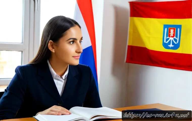 러시아어와 우크라이나어 비교 - Photorealistic educational comparison scene in a bright Madrid language school, a Spanish-speaking a...